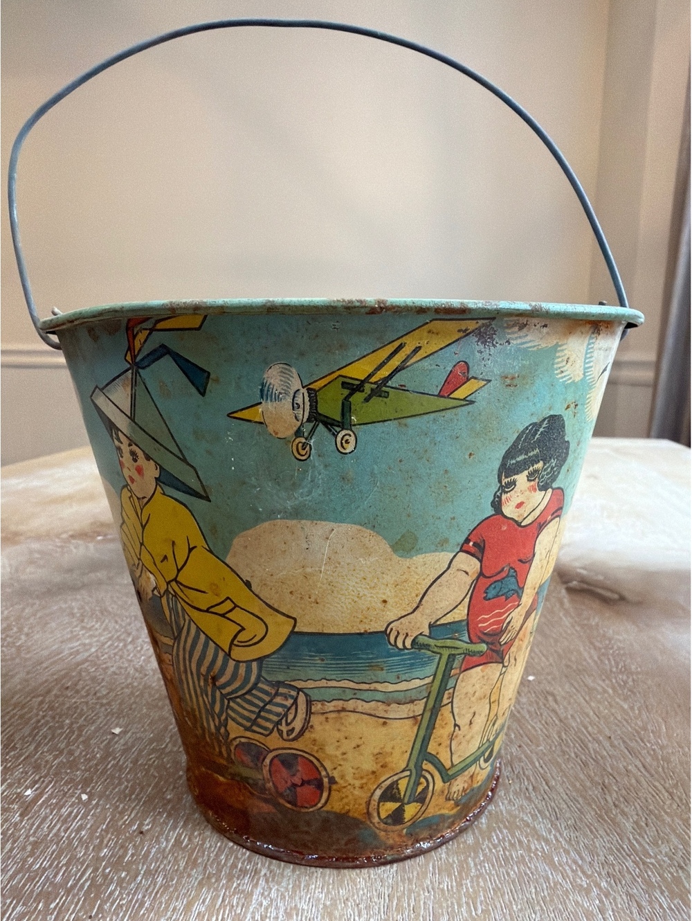 Vintage 1940s Spanish Tin Litho Sand Pail Bucket Scooter Airplane Beach Scene